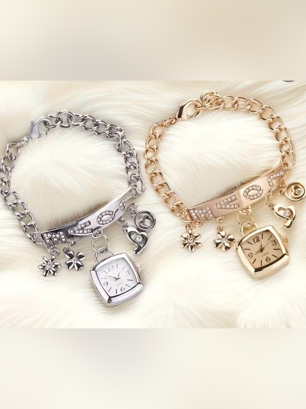 Charm Bracelet Watch with Floral and Heart Charms - Silver or Gold